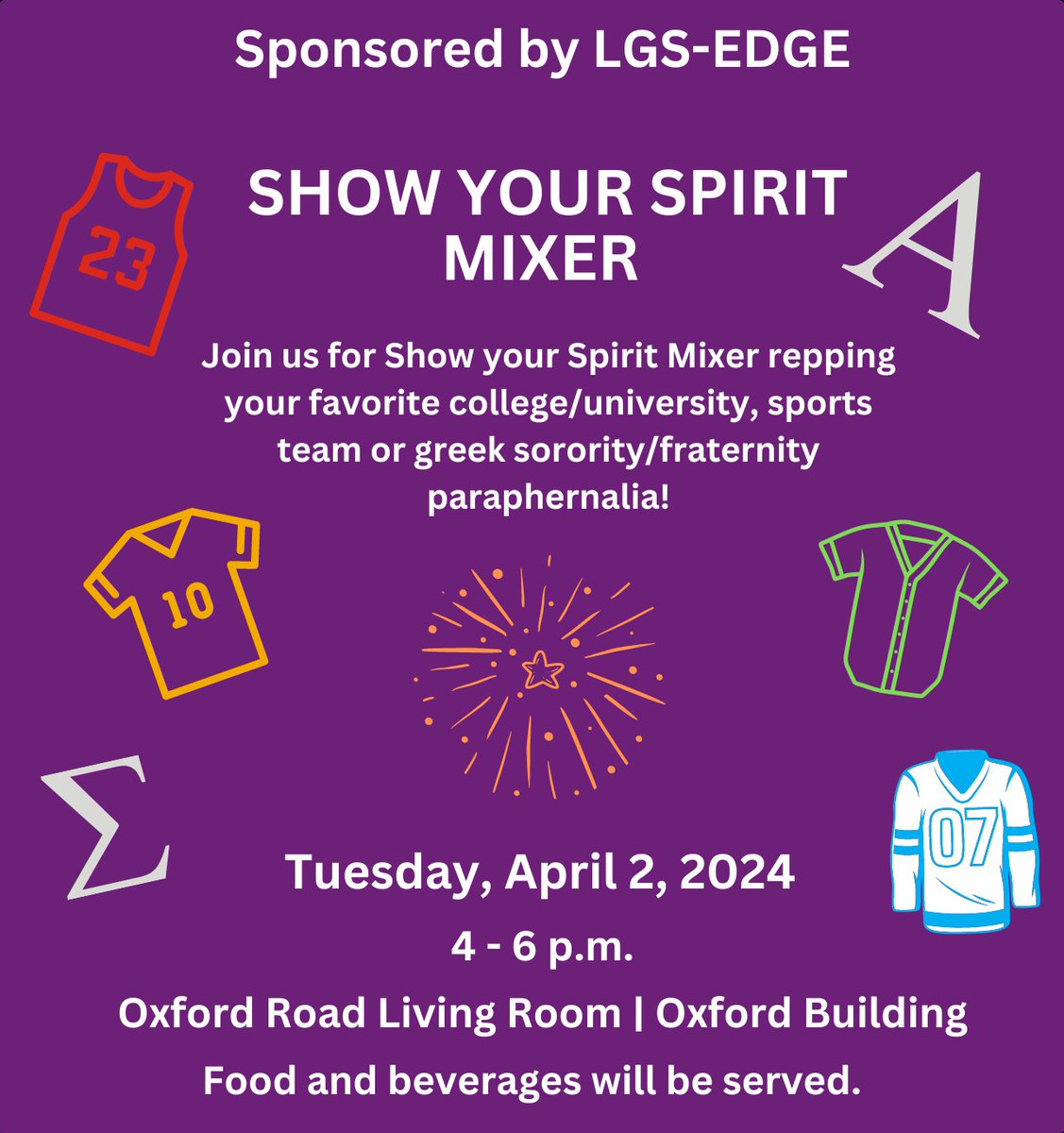 Happening in 1 hour! From 4 - 6p in the Oxford Living Room (across from the bookstore), come and enjoy some mixing and mingling at the Show Your Spirit Mixer. Wear your favorite sports, fraternity/sorority, or university paraphernalia -- or come as you are.