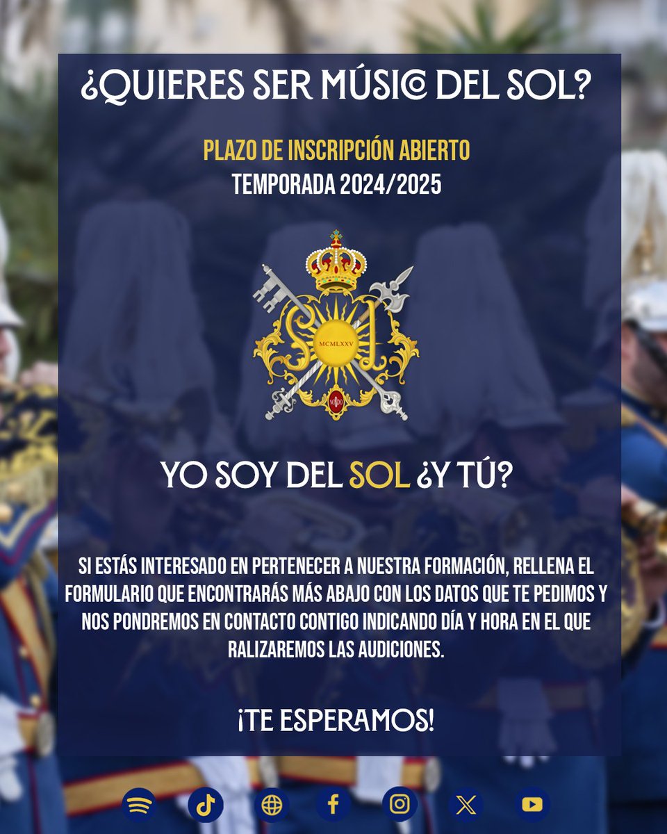 #SonesdeSoL• ¡𝐏𝐥𝐚𝐳𝐨 𝐝𝐞 𝐢𝐧𝐬𝐜𝐫𝐢𝐩𝐜𝐢ó𝐧 𝐚 𝐧𝐮𝐞𝐯𝐨𝐬 𝐜𝐨𝐦𝐩𝐨𝐧𝐞𝐧𝐭𝐞𝐬 𝐚𝐛𝐢𝐞𝐫𝐭𝐨!

📣 Si estás interesado en pertenecer a nuestra formación, rellena el formulario que encontrarás abajo con los datos que te pedimos y nos pondremos en contacto contigo⬇️