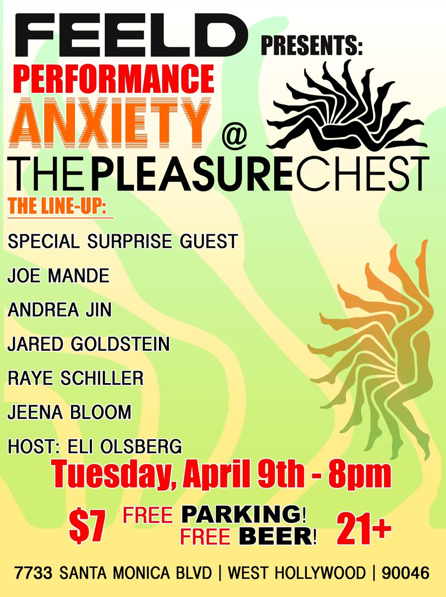 Next Tues @PleasureChestLA it’s our 13 year anniversary show sponsored by @feeldCo!! They’re helping us give away lots of stuff including gift cards to the store! As usual, free drinks, parking, and 15% off in-store purchases! Get tix: thepleasurechest.com/performance-an…