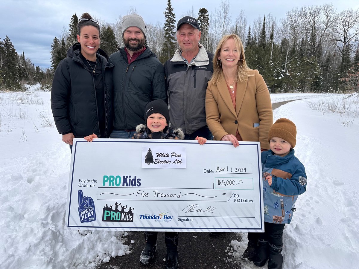 On behalf of White Pine Electric, the Ball Family presents a $5000 kick-off donation for PRO Kids. The 3rd annual Power to Play campaign, taking place throughout the month of April, aims to raise $50,000 to help local kids access sports and rec programs. thunderbay.ca/powertoplay