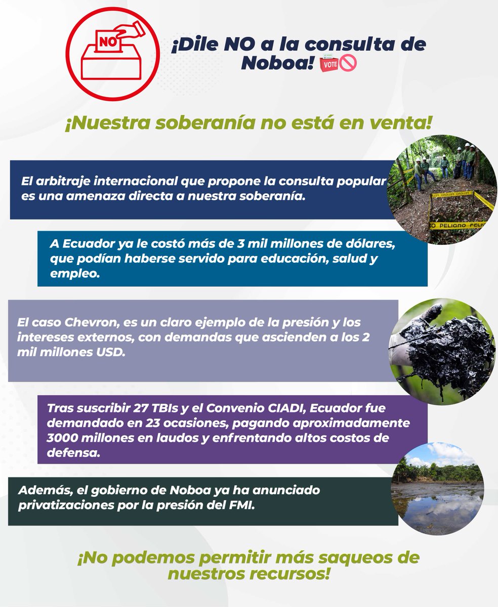 ¡Dile NO a la consulta de Noboa! 🗳️🚫
¡Nuestra soberanía no está en venta!
#Ecuador ya ha pagado más de $3 mil millones en arbitrajes internacionales, dinero que pudo mejorar la educación, la salud y el empleo.

#11VecesNo #NoALaConsulta
#ReferendumYConsulta2024