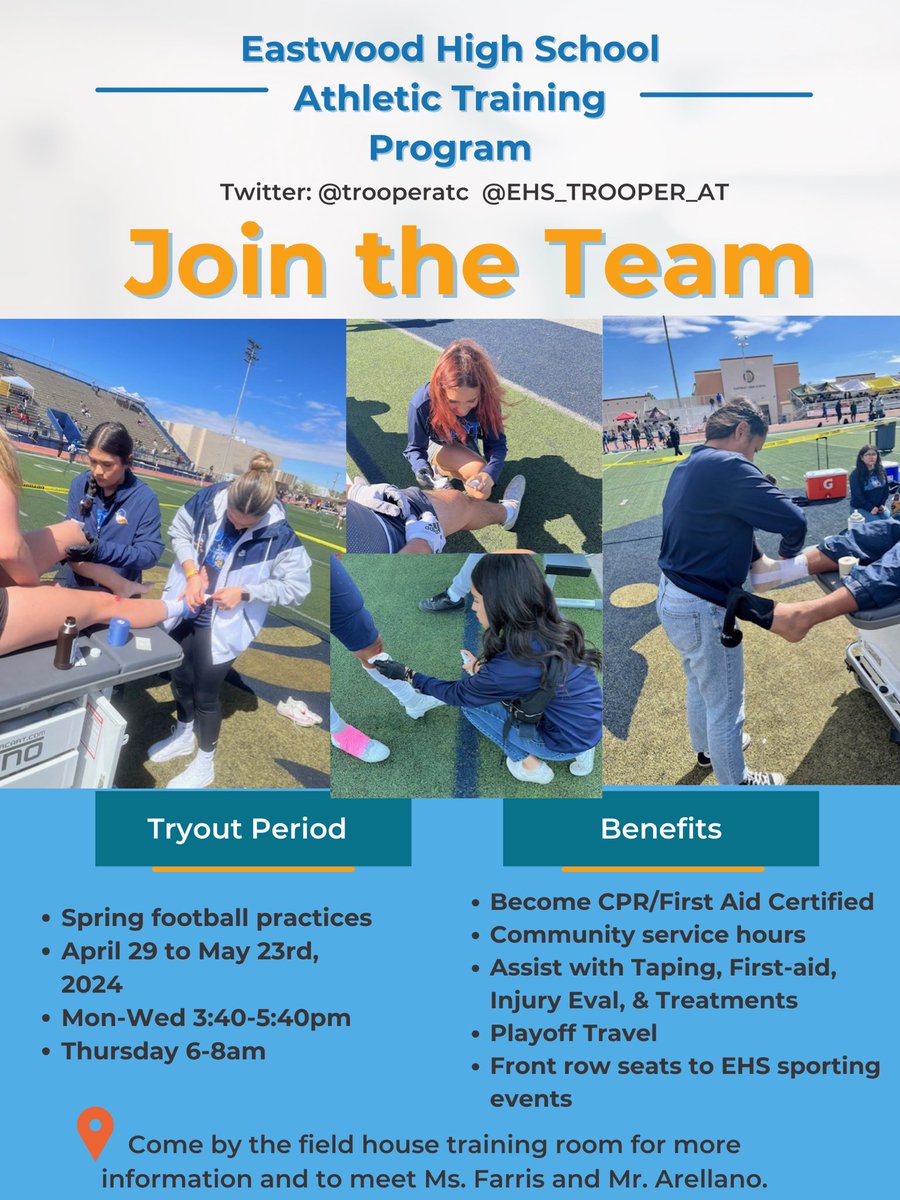 🗣️If you are interested in becoming a student athletic trainer please view the attached flyer. Tryouts begin April 29. It will be warm outside, so remember your sunscreen, hat, athletic shorts &amp;tennis shoes. We look forward to meeting you 💛💙⚕️<a href="/EHS_TROOPER_AT/">TROOPER_AthlTraining</a> <a href="/EastwoodSports/">Eastwood Performance & Athletics Network</a>