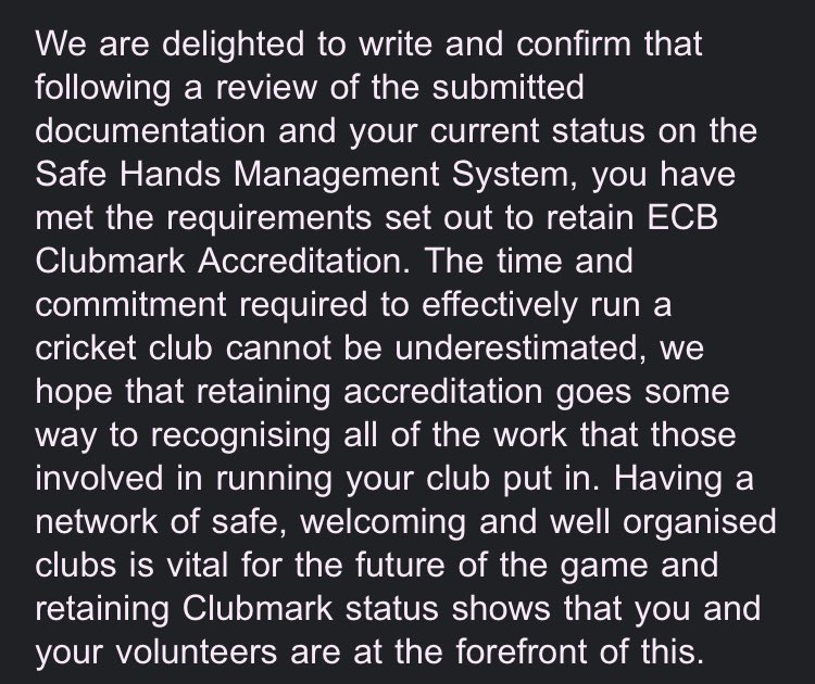 We are pleased to announce that we have been awarded the ECB Clubmark for 2024 - reflecting the hard work that goes on behind the scenes.🏏👏🎉