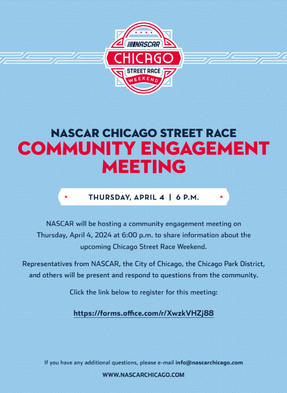 Please join me at a @NASCARChicago community meeting on Thursday, April 4th at 6pm. Event representatives will be there to answer your questions about this upcoming race. Look forward to seeing many of you at this virtual meeting! 

Register here: forms.office.com/r/XwzkVHZj88