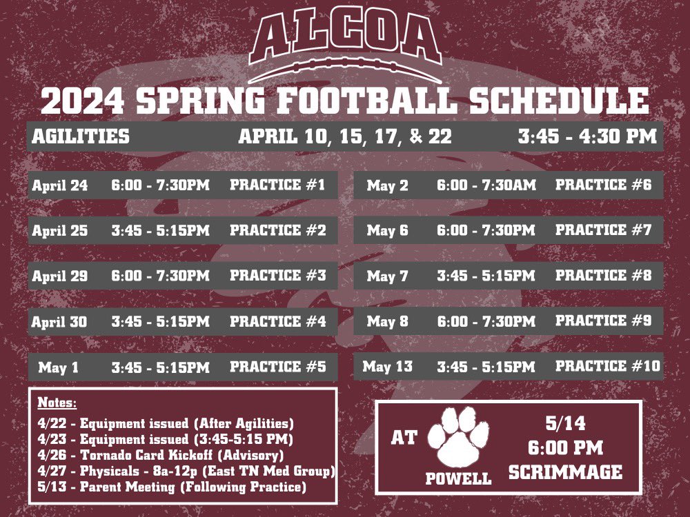 A few changes to practice times (the days are the same) from the original schedule to accommodate for spring sports. #WeAreTheStorm 🌪️🌪️🌪️