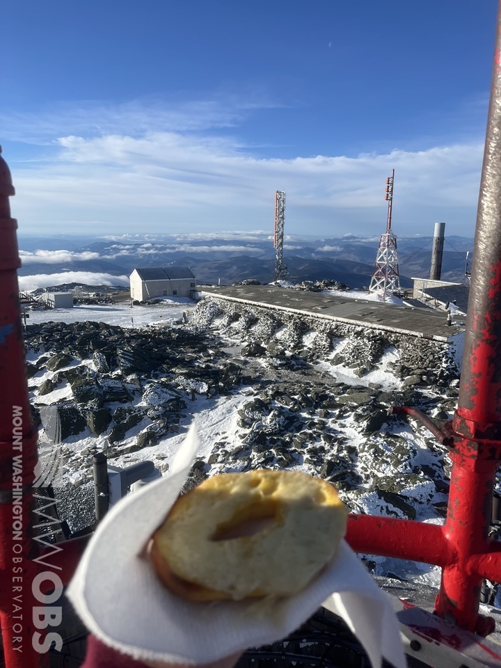The highest cheesy bagel in the Northeast! Intern Laura took advantage of the nearly calm, sunny conditions this morning and enjoyed her Big Dave's Bagels & Deli bagel topped with Cabot Creamery Cooperative cheddar. Thanks to these sponsors for providing breakfast with a view!