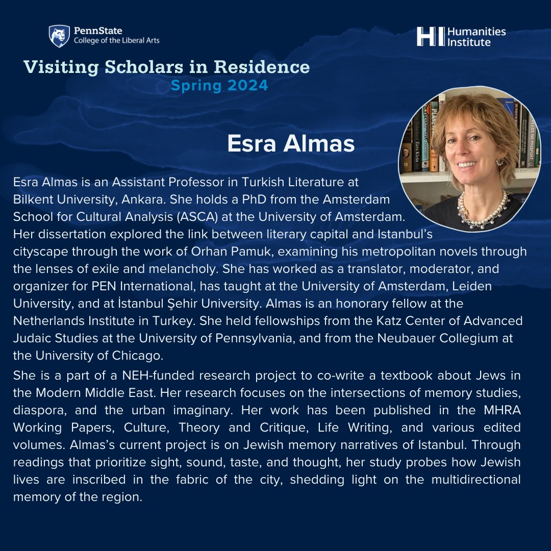 PSUHumanities's tweet image. Join us in giving a warm welcome to three new (short term) Visiting Scholars in Residence for Spring 2024!
Meet Karen Paiva Henrique, Roberta Cimarosti and Esra Almas! 👏
Look through the images to learn more about them.