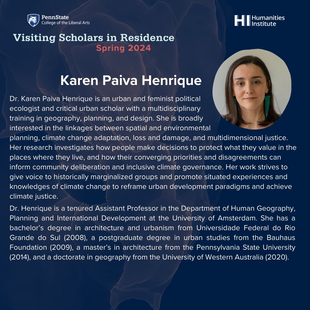 PSUHumanities's tweet image. Join us in giving a warm welcome to three new (short term) Visiting Scholars in Residence for Spring 2024!
Meet Karen Paiva Henrique, Roberta Cimarosti and Esra Almas! 👏
Look through the images to learn more about them.