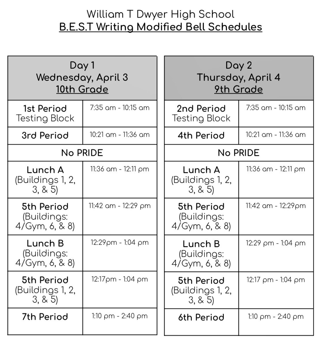 We will be on a modified bell schedule for the State Writing assessment this Wednesday & Thursday. Students must bring their fully-charged school-issued Chromebook or laptop on their testing day. - 10th grade students will test Wed. - 9th grade students will test Thurs.