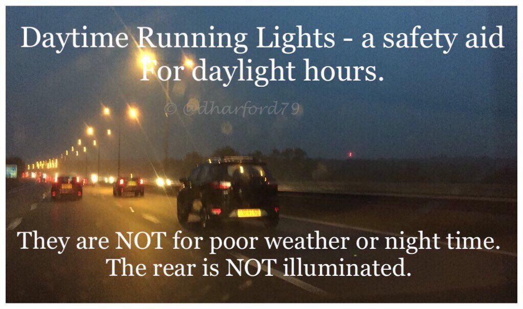 dharford79's tweet photo. I’m just going to leave this here - because so many people don’t seem to understand how their vehicle lights work.

Daytime running lights are for an extra safety aid - during the day! 

#RoadSafety https://t.co/mbyAkOSR1d