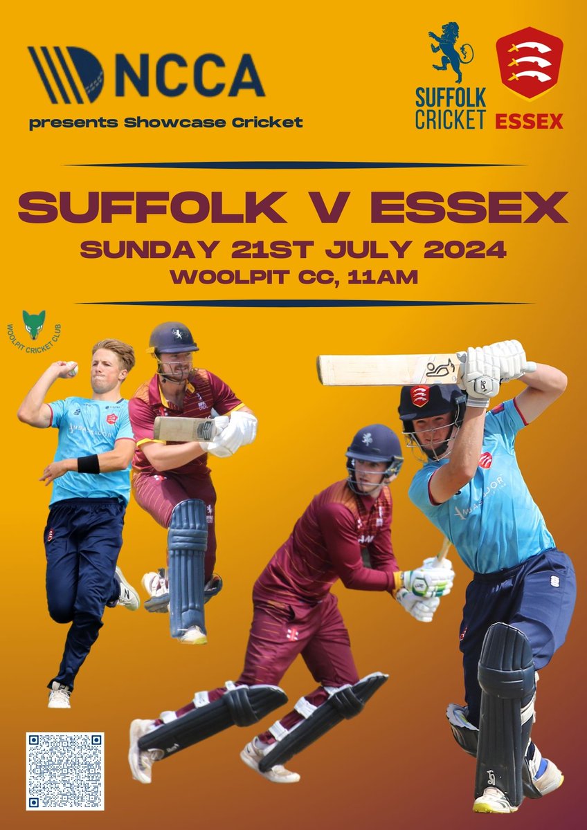 Purchase tickets to our @NCCA_uk Showcase match versus @EssexCricket at @WoolpitCC in July. Just scan the QR code on the poster or use the link below. rb.gy/qstip6 jamieleesmithcatering.co.uk @nvplaycricket stevesmithelectrical-ipswich.co.uk @ParkersPitches