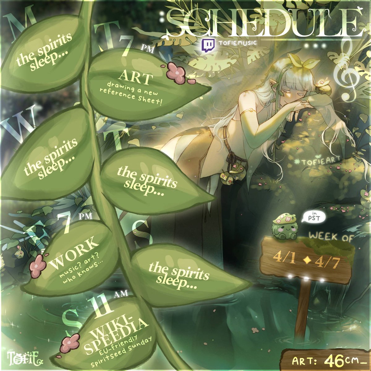 🌿 【stream schedule】 4/1 — 4/7 🗓️ A happy April to all ☺️🌸 First birthday stream planning is in the works… squee 🥹 I hope to see you this evening as we continue working on a new reference sheet! 🌱 twitch.tv/tofiemusic ┊ clips ‣ # tofietime ┊ art ‣ # tofieart