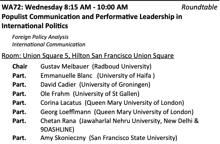 In San Francisco with a nice and packed program at #ISA2024: an ongoing and outstanding workshop on party/cabinet politics and foreign policy, two promising roundtables on populism in IR, and a topical panel on European responses to the Rus-Ukr war. Let me know if you’re around!