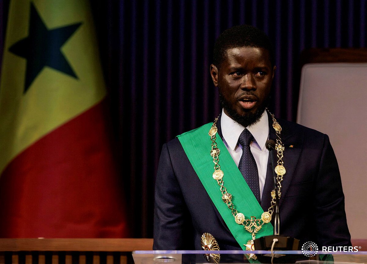 Officially President of #Senegal. Bassirou #Diomaye Faye takes oath of office. At 44, he is Senegal’s fifth and the youngest president since independence in 1960. He addresses the audience after he took the #oath of office as #president during the inauguration ceremony in Dakar.