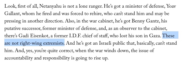 Describing Gallant ['human animals'], Eisenkot [author of the Dahiyeh Doctrine] and Gantz [launched his political career with an ad boasting about how he turned Gaza back to the Stone Age in 2014] as 'not right-wing extremists' is such a State Dept take.