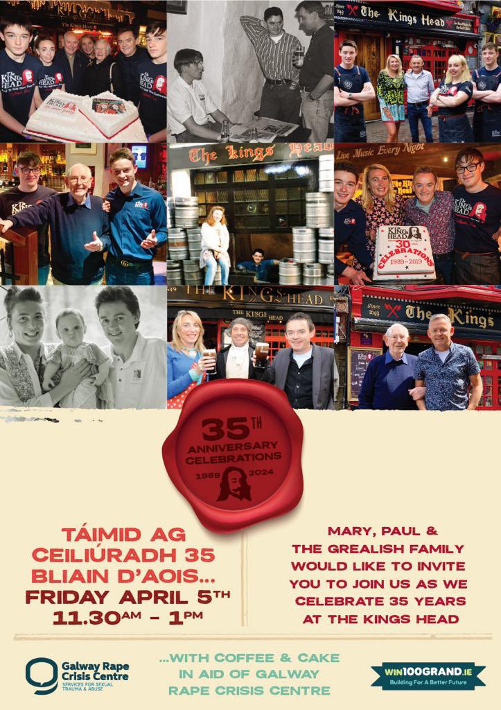 35 years ago in 1989 our family took over The Kings Head. Join us to celebrate on Friday morning while supporting a great cause
☕️🎂👑 
#familybusiness #galway