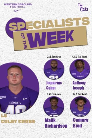 We had another great week on the @CatamountsFB special teams units! As we start week 3 of practice today, here are the Specialists of the Week Award winners for week 2! @colbycross48 @1AntJoseph @camuryreid1 @jaquarius_guinn @thereal_malikR