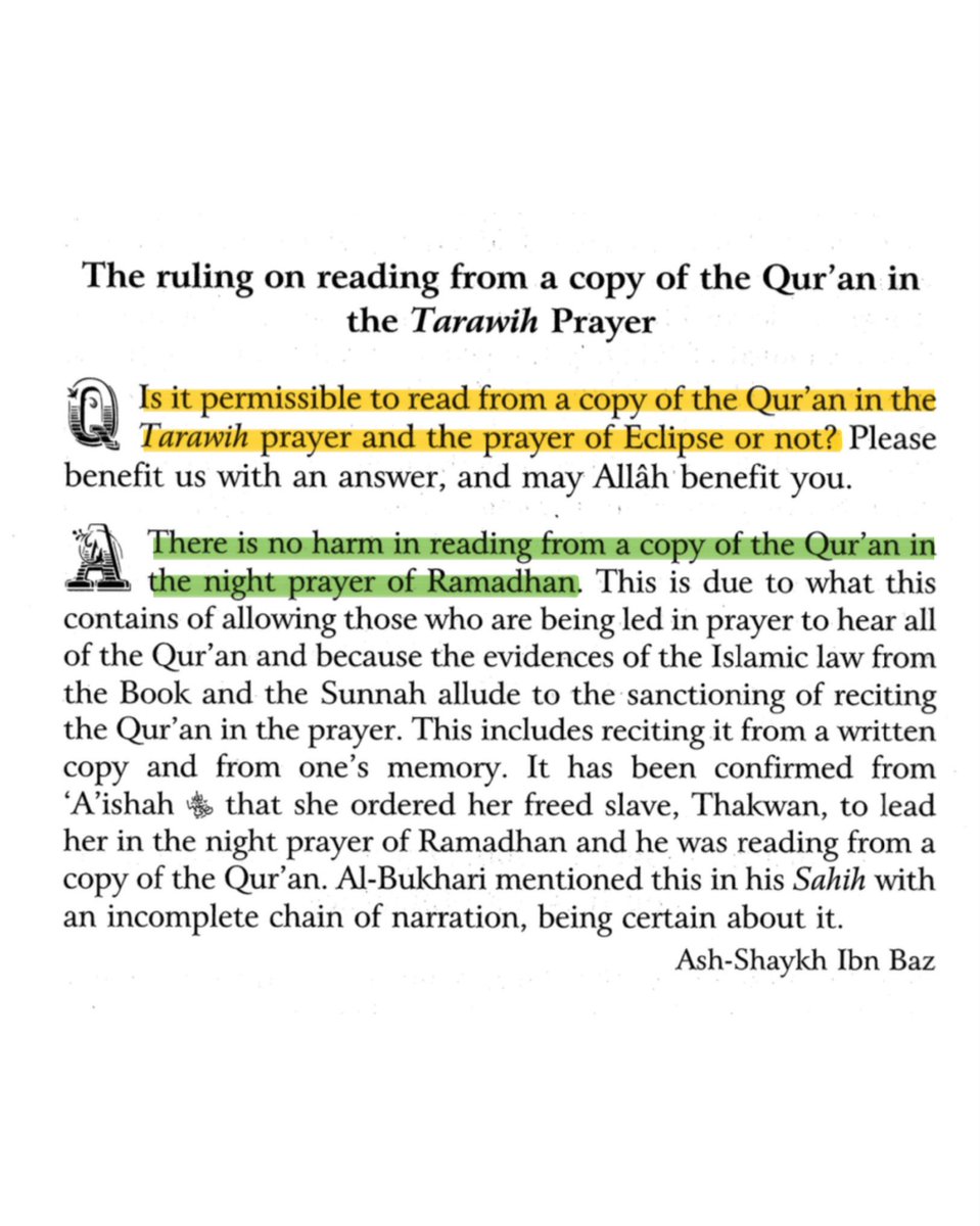 The ruling on reading from a copy of the Qur’an in the Tarawih Prayer.

Compiled by Muhammad Bin Abdul’-‘Aziz Al-Musnad

📚Fatawa Islamiyah: 3/316

#ramadhan #taraweeh #taraweehprayer #tarawih #taraweehnights #taraweehtime