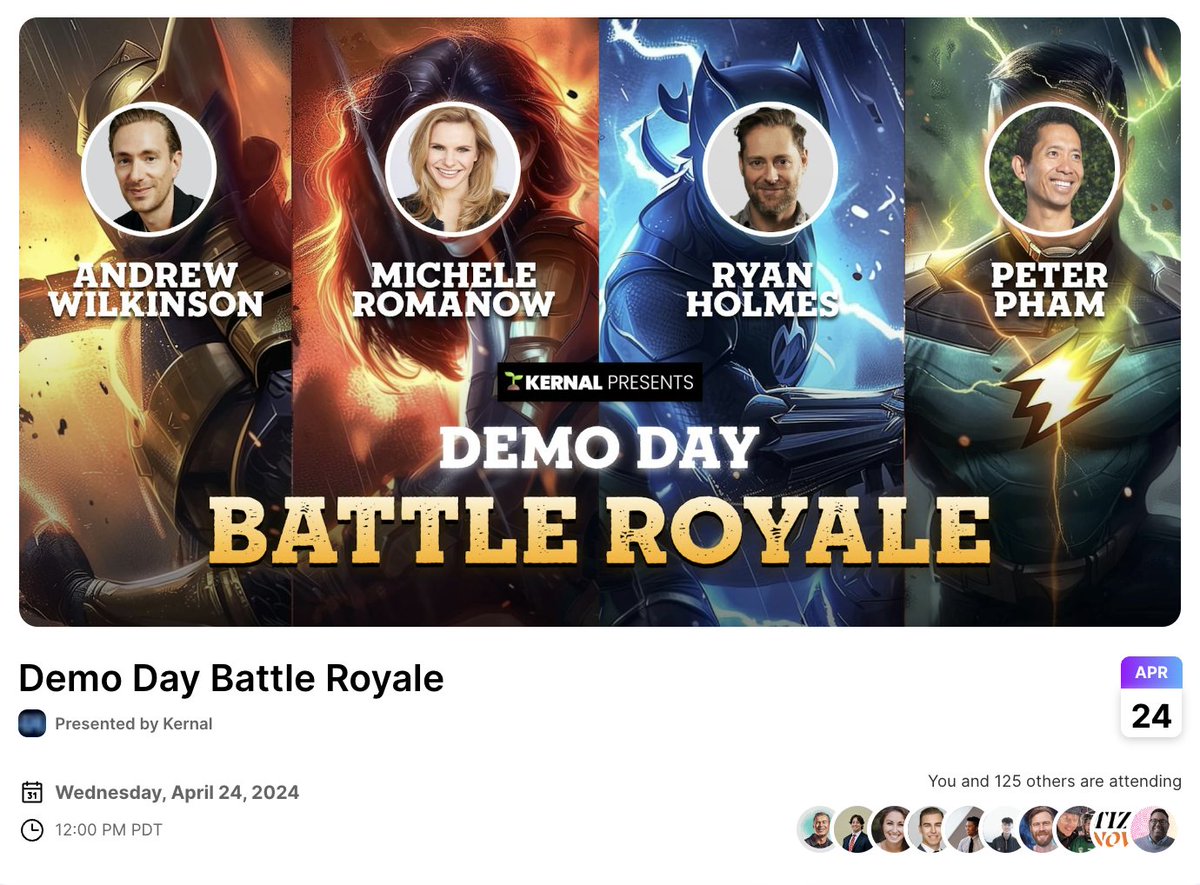Something fun is happening on April 24th and it may or may not involve these 4 celebrity investors on a panel Cancel that boring meeting in your calendar and save your seat This virtual battle royale is gonna be one for the history books: kern.al/event/demo-day…