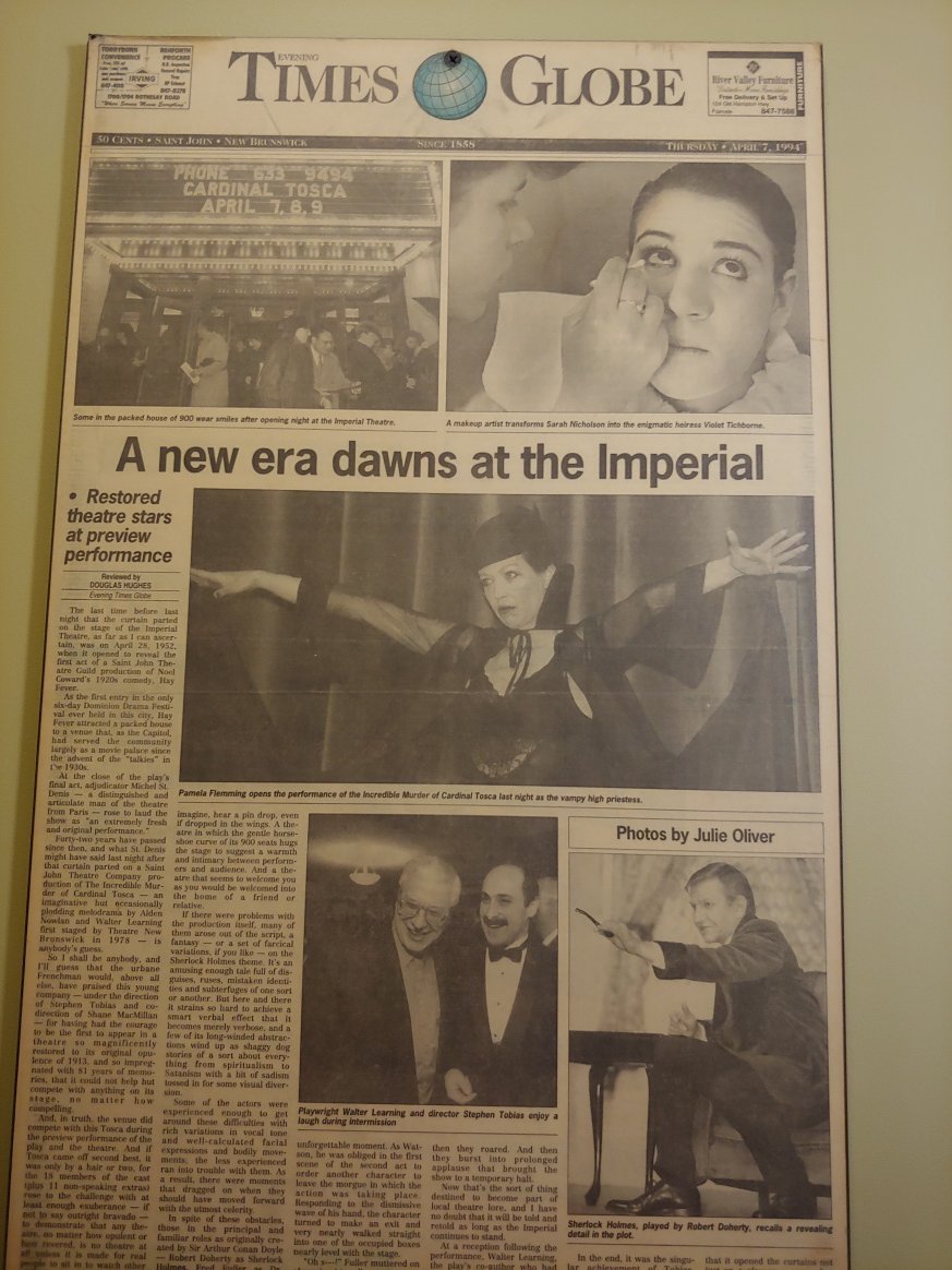 Saint John Theatre Company (@sjtheatre) on Twitter photo 30 years ago today, the curtain rose on our very first show at the iconic <a href="/ImperialTheatre/">Imperial Theatre</a>. On April 7th, 1994, the SJTC production of ‘The Incredible Murder of Cardinal Tosca’, directed by Stephen Tobias, inaugurated the grand Imperial stage. 30 years ago today, the curtain rose on our very first show at the iconic <a href="/ImperialTheatre/">Imperial Theatre</a>. On April 7th, 1994, the SJTC production of ‘The Incredible Murder of Cardinal Tosca’, directed by Stephen Tobias, inaugurated the grand Imperial stage.