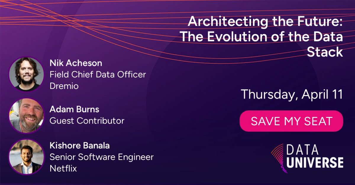 dremio's tweet image. Who is ready for Data Universe next week!? 🚀 The Dremio team is taking the stage for 3 incredible sessions. Come by our booth to learn more about our unified lakehouse platform for self-service analytics! #DataUniverse