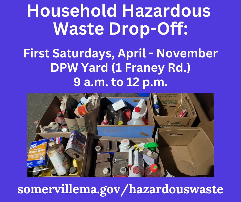 Somerville residents can once again drop-off household hazardous waste on the first Saturday of each month, April-November, from 9am to 12pm at the Department of Public Works yard (1 Franey Rd.). The first drop-off is this Saturday, April 6. Learn more: somervillema.gov/hazardouswaste