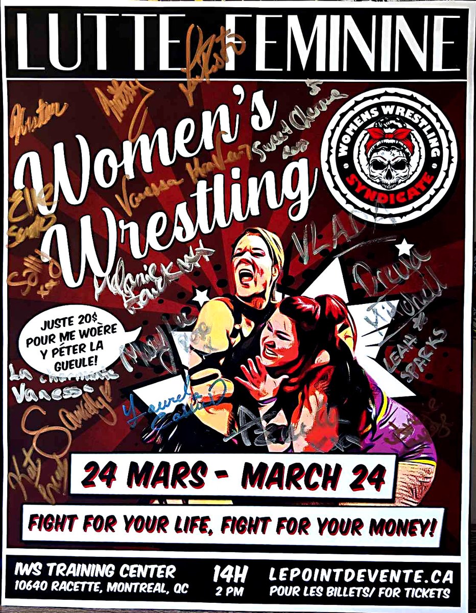 We have signed posters from our last event, autographed by all wrestlers, referee and even our announcer, @DISCODEATHMATCH  ! Also, want personalized tickets for May 19? You can! Send us a DM or an e-mail at womenswrestlingsyndicate@outlook.com if interested!
