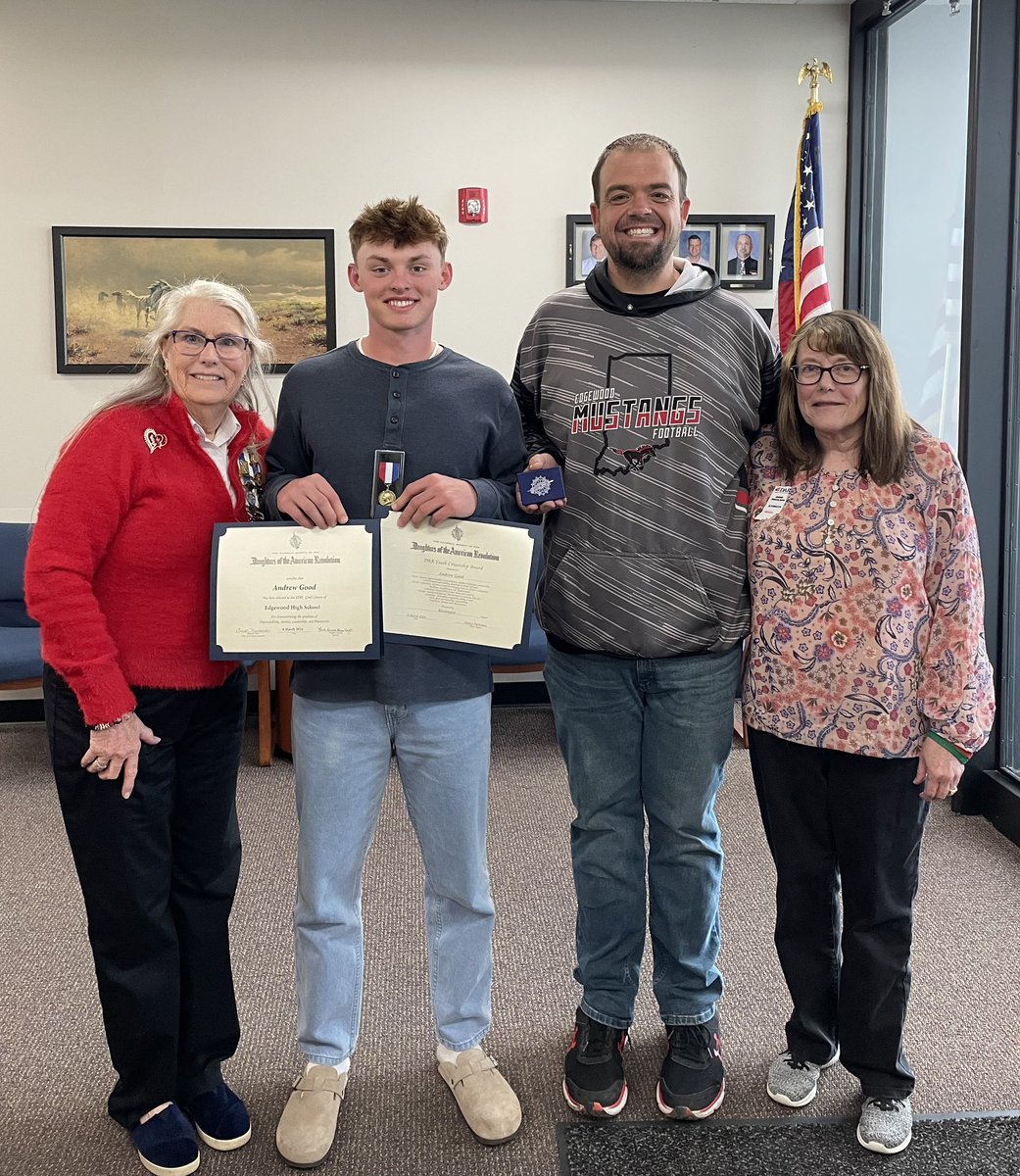 EHS Senior Andrew G. was presented with two awards from the Bloomington Chapter of the Daughters of the American Revolution.
