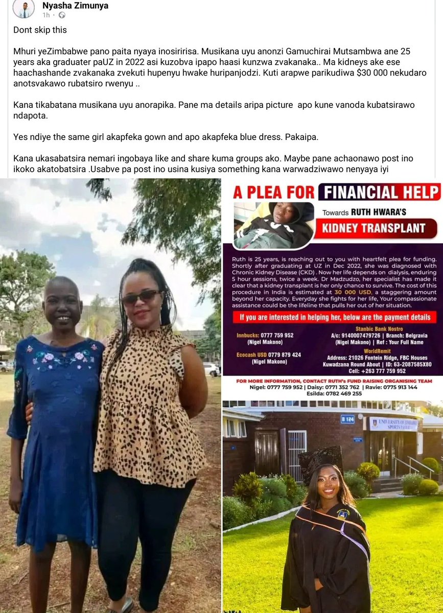 Lets join hands brethren, kidney failure whilst in Zimbabwe is unthinkable, lets repost, no amount is too small to help our sister. Ngiyabonga