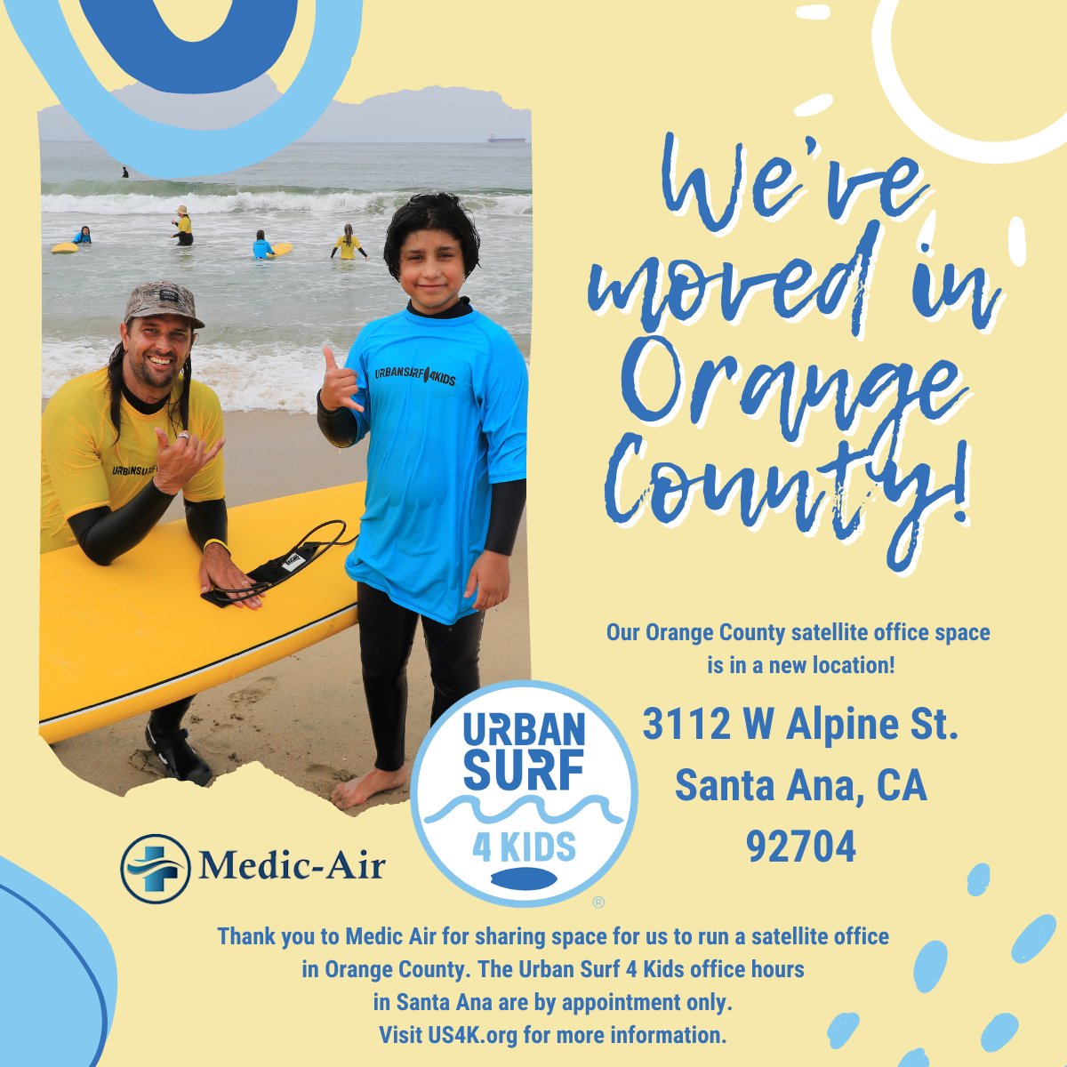Hey Orange County friends who care about kids, the ocean, surfing, mentoring, volunteering, and making the world a better place, we moved our OC office to a new location! US4K.org. #OrangeCounty #surfing #volunteer #SoCal #Charity #nonprofit #PositiveVibesOnly