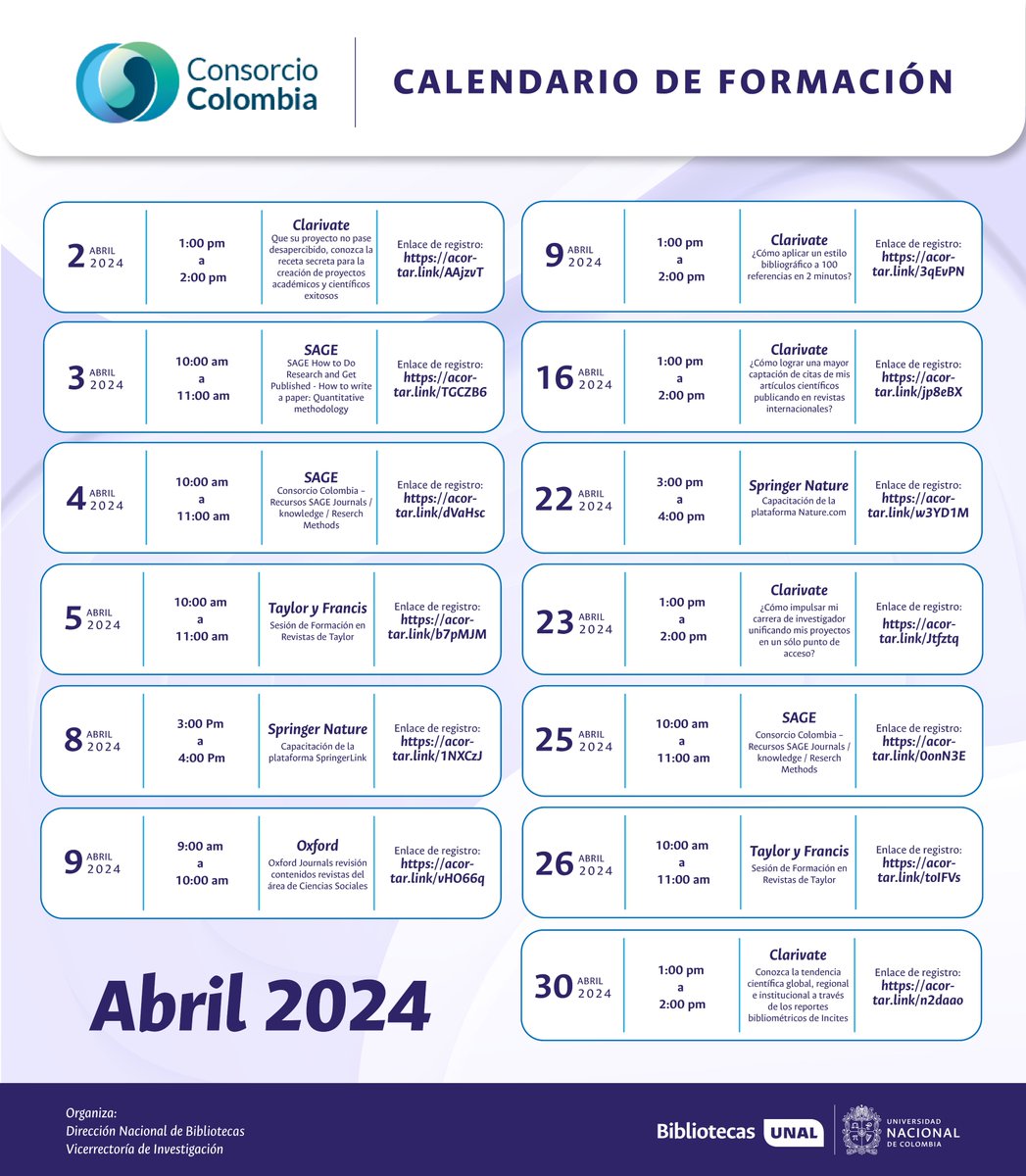 #ComunidadUNAL Prográmate para las capacitaciones de @ConsorcioColom1 programadas para abril de 2024 @dirsinab @UNALoficial: tiny.cc/sinabconsorcio… #UNAL