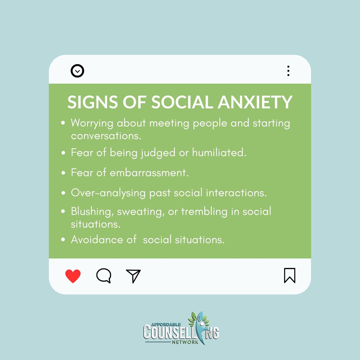 Identify the signs of social anxiety. Learn to understand and manage them effectively.
.
Dealing with social anxiety?  Our counselling services offer tailored support and guidance. 
--
affordablecounsellingnetwork.co.uk
.
#socialanxiety #counselling #support #mentalhealth