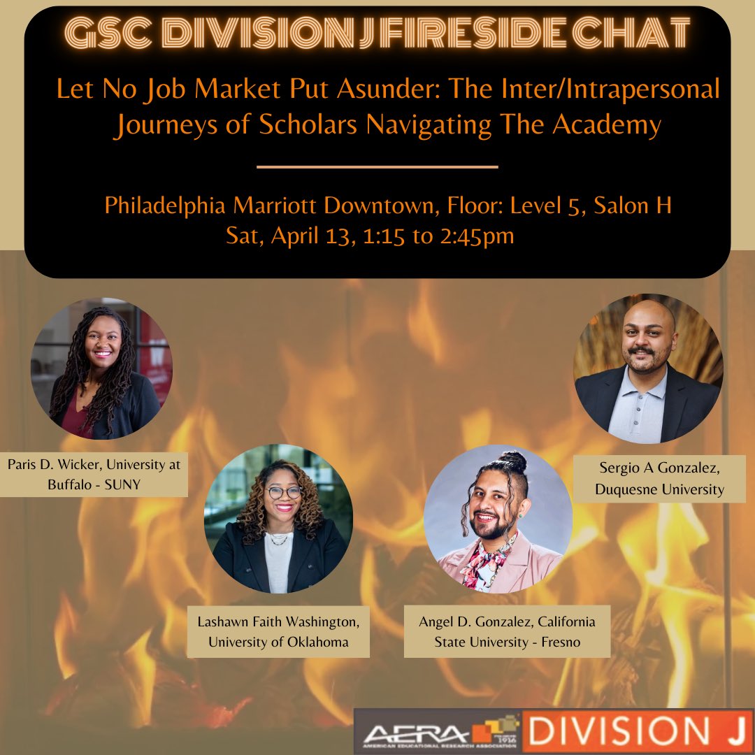 🗣️ Being on the academic job market is hard enough by itself! Navigating with friends is a tough conversation that is needed! Join us on Saturday, April 13 for a Fireside Chat with amazing scholars @ScholarParis, @ShawnTheScholar, @SerxioGonzalez, and @Dr_ADJ_Gonzalez!