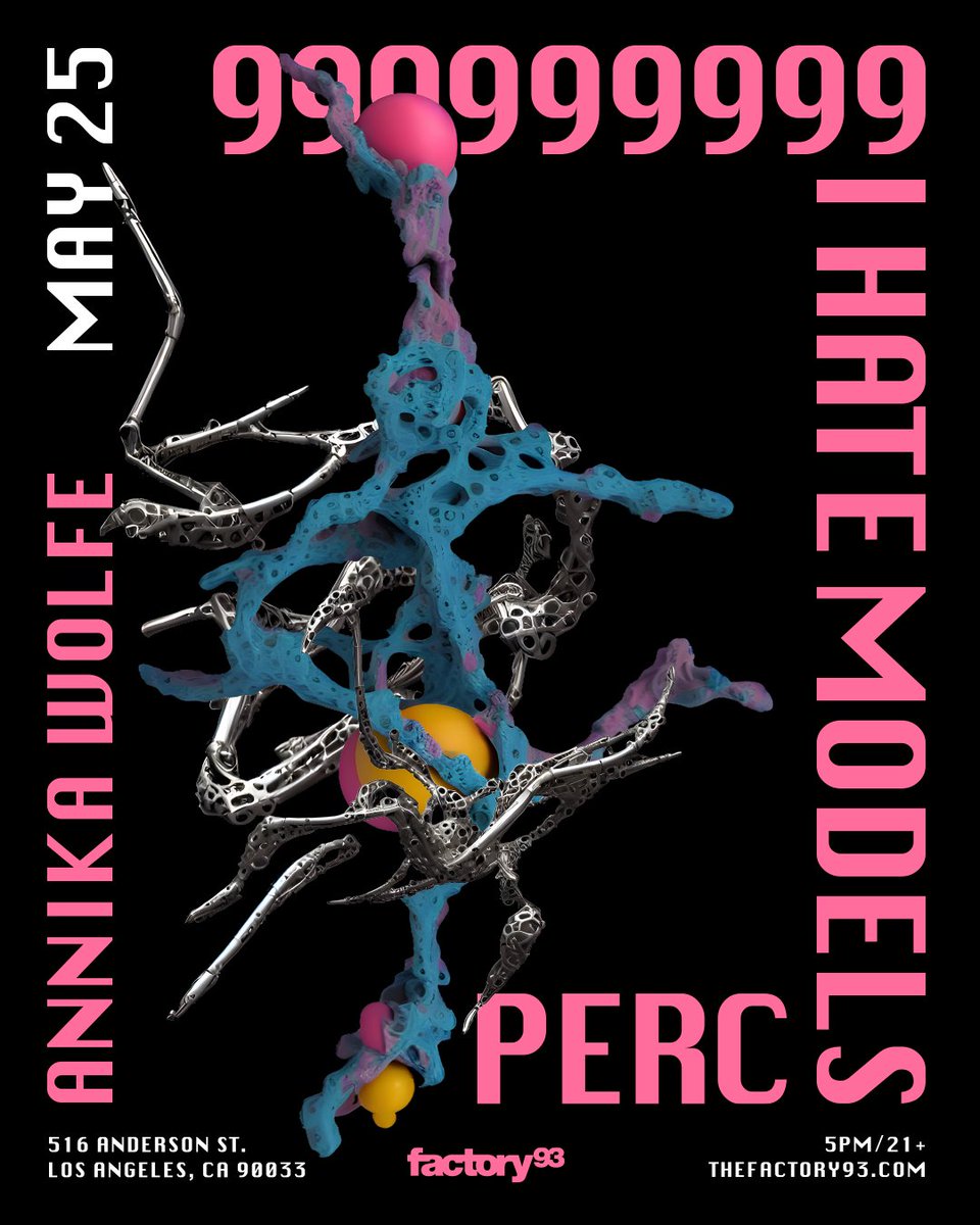 Join us on Sat. 5/25 for a night of hard sounds & heavy dancing from 9x9 and I Hate Models plus the Factory 93 debut of @perctrax & @vonwolfenheiser 🖤 Presale: 4/4 @ 11am PT. Sign up to receive the code at f93.co/list On Sale: 4/4 @ 12pm PT. f93.co/may25