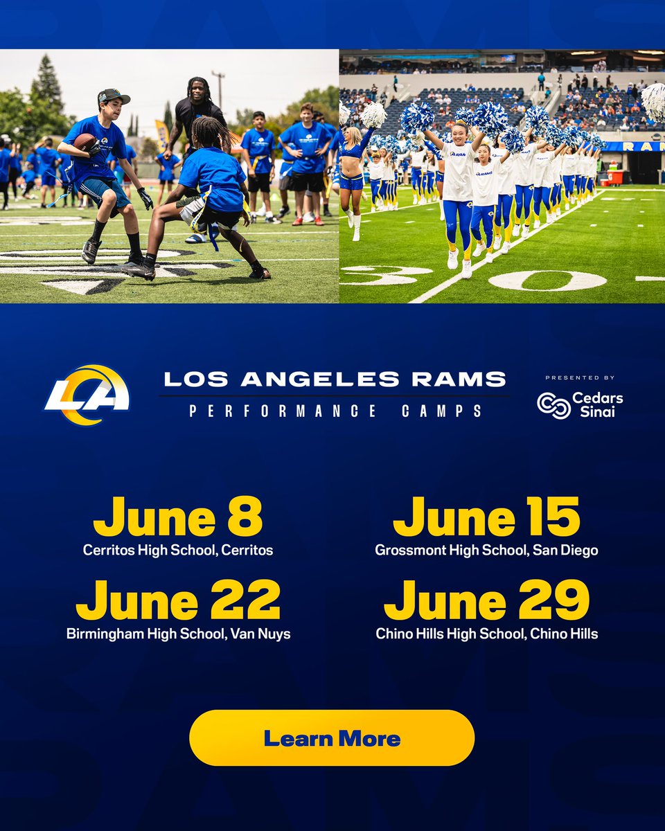 Train like the Rams! 🏈🌟 Sign up for the Los Angeles Rams Football + Cheerleader Performance Camps presented by Cedars Sinai. ✍️ » bit.ly/49h07xH