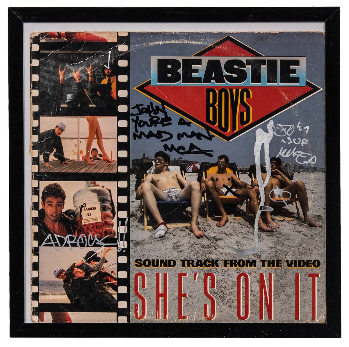 Released as the fifth single from the 1985 soundtrack for the hip-hop film Crush Groove, the Beastie Boys signed this offered 'She's On It' Single Vinyl Record from the film, resting inside a 14-by-14-inch frame 🤩 Bid now in our March Pop Culture Elite: bit.ly/4cHDZzG