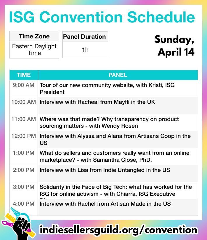 Here is the convention schedule! You can also participate on your own time (videos will be available on-demand) but the schedule shows the times we'll actually be live! buff.ly/3TaqxLE #ISGconvention #supportsmall #handmademovement #indiestrong #peoplenotplatforms