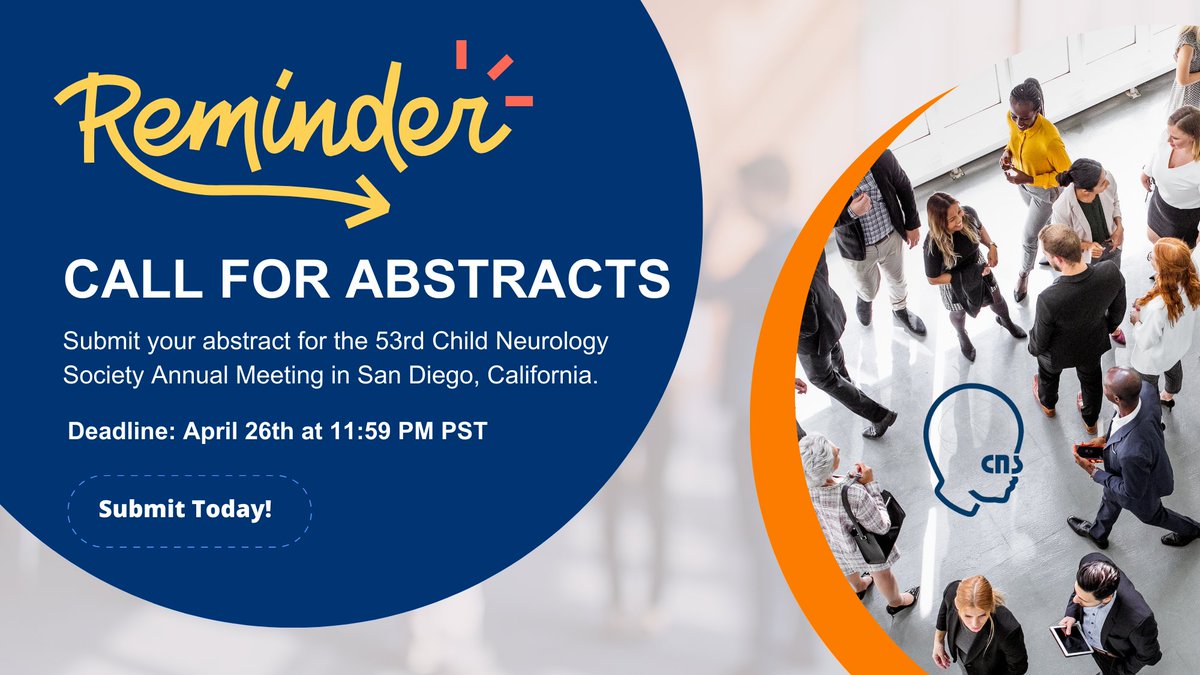 ⏰ Reminder! We're halfway to the deadline for abstract submissions for our 53rd CNS Annual Meeting in San Diego, Nov 11-14. Don't miss the chance to showcase your research! Submit your abstract before April 26th. #CNSAM #CallForAbstracts #ChildNeurology bit.ly/4aBhryz