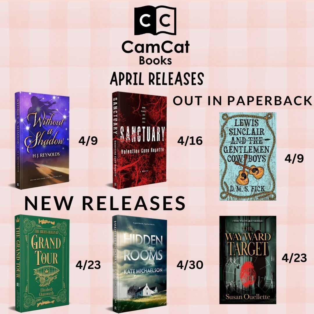 This April, we have four new releases: #WithoutaShadow, #Sanctuary, #GrandTour, and #HiddenRooms, as well as two paperback releases: #LewisSinclairandtheGentlemenCowboys #TheWaywardTarget. Check them all out at buff.ly/3Z5ahxI