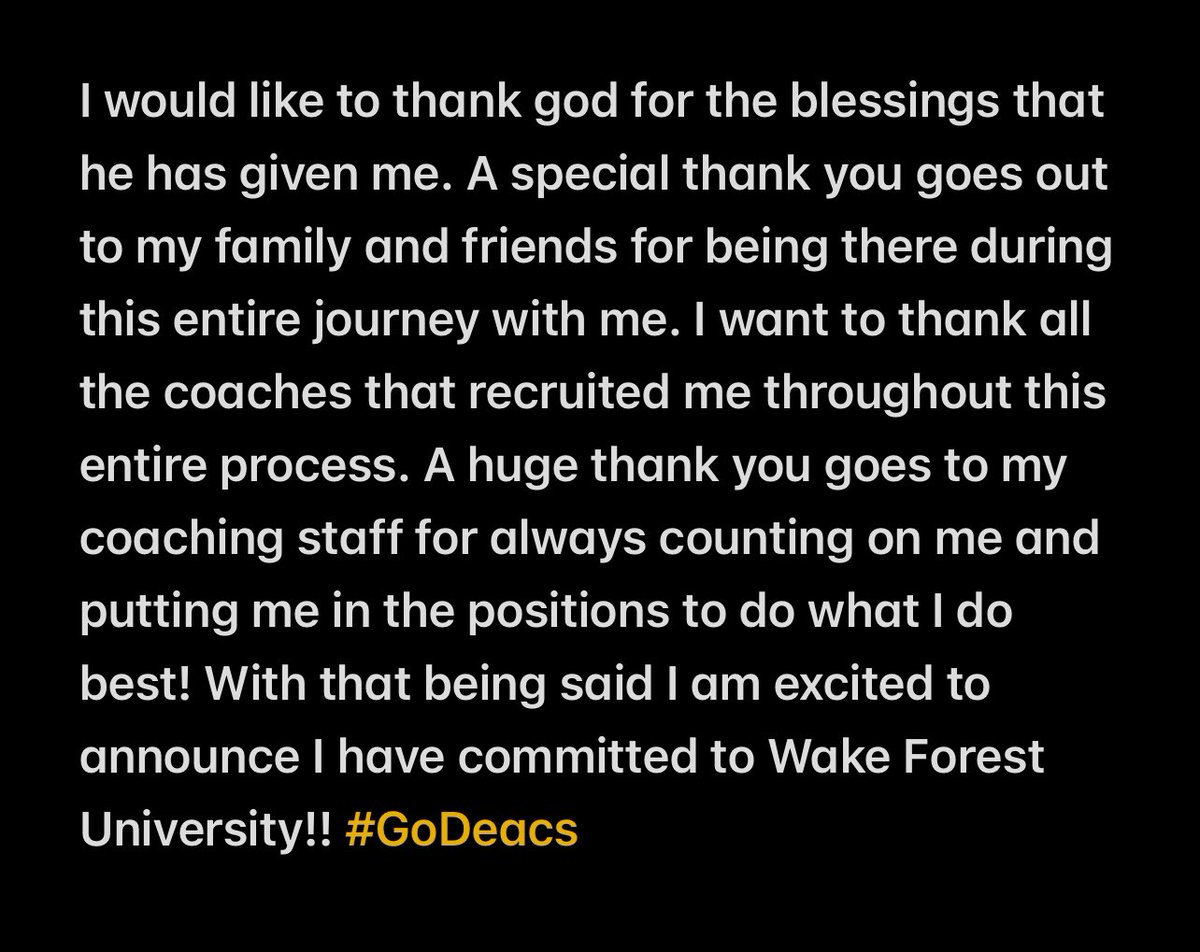 I am extremely excited to announce my commitment to Wake Forest University!! #GoDeacs @WakeFB @CoachClawson @johnlhunter1 @VilleFootball @MattBloom_OL