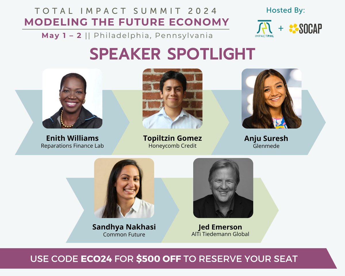 ImpactPHL's tweet photo. We have such an incredible group of impact leaders joining us at TIS24!

Join @EnithWilliams, Topiltzin Gomez (@honeycombcredit), Anju Suresh (@GlenmedeIM), @sandhyanakhasi, @BlendedValue of Alti, and more on May 1-2.

Use code ECO24 for $500 off: https://t.co/TJPdgtDV5R https://t.co/yVyRgcN0fF