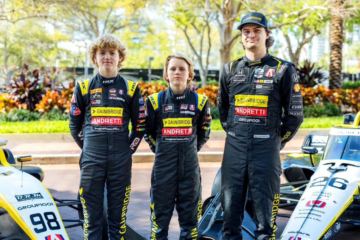 The next generation in racing. #TeamGainbridge Development drivers Sebastian and Oliver Wheldon are wearing matching fire suits with their mentor and @AndrettiIndy driver @ColtonHerta this race season. 🔥