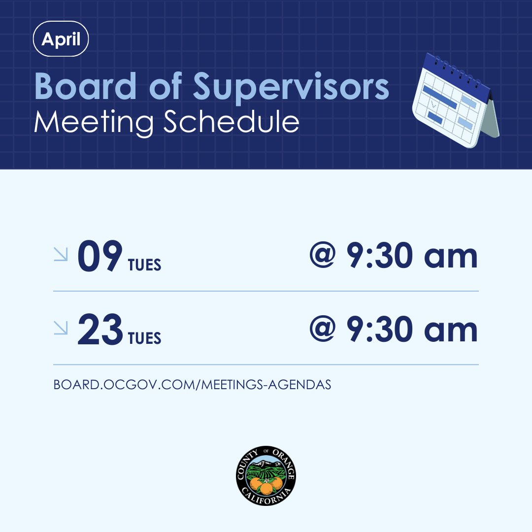 Upcoming Board of Supervisors Meeting Schedule: 📅 April 9, 2024 @ 9:30 am 📅 April 23, 2024 @ 9:30 am ℹ️ To view the agenda and meeting schedule, submit a comment, watch the meeting live or learn more information, please visit online: board.ocgov.com/meetings-agend…