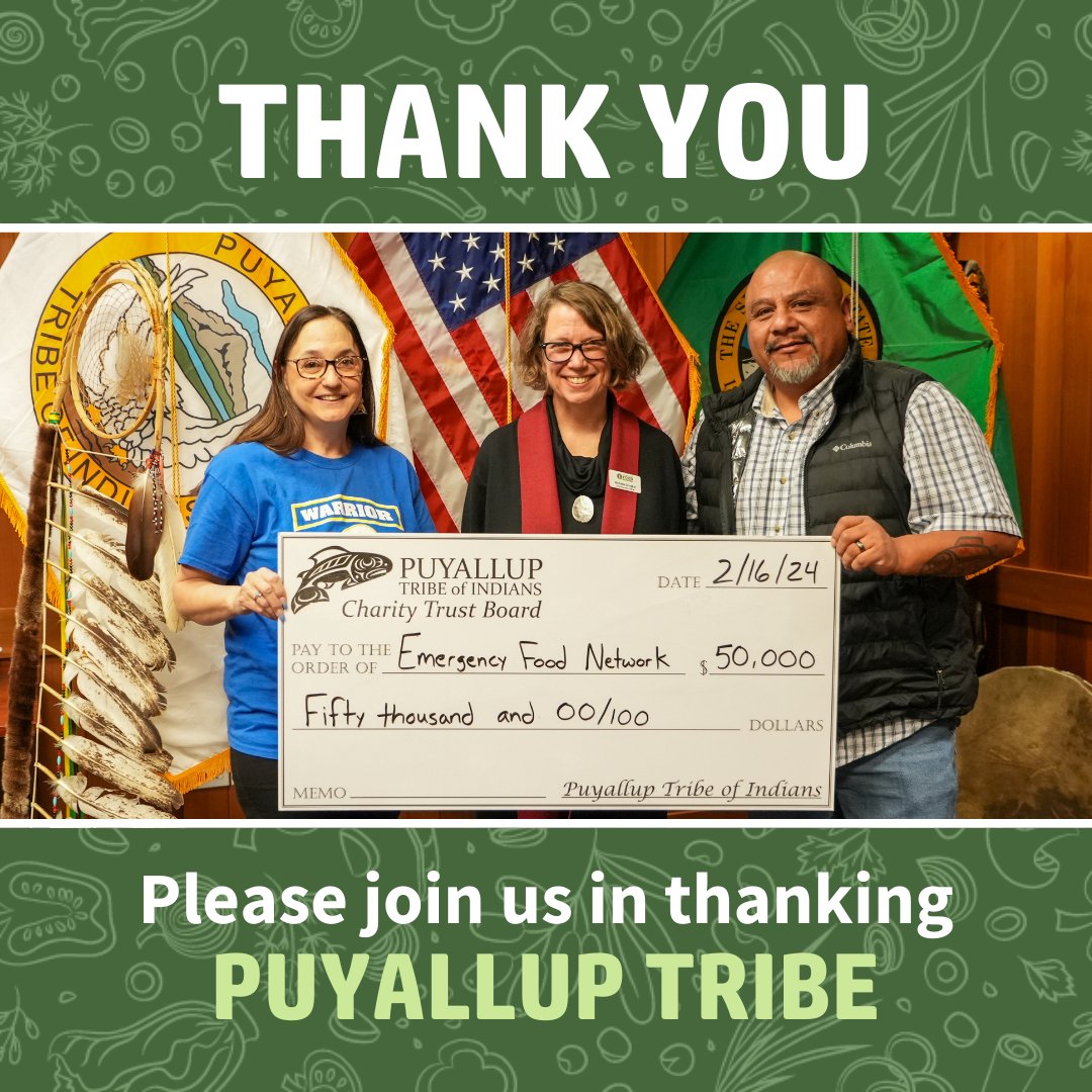 Big thanks to @puyalluptribeofindians for their incredibly generous gift that will support our food purchasing program! This program allows EFN to distribute wholesome food to food pantries across the county.