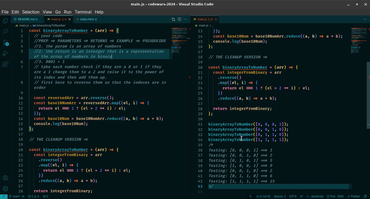 km_fsdev's tweet image. Doing a #Codewars - just a baby one but I got very into it. I wrote it all out. All tests are passing, checked in Codewars too, and they are good there!
I think I might go make a small binary converter with this little fun challenge #100daysofcode