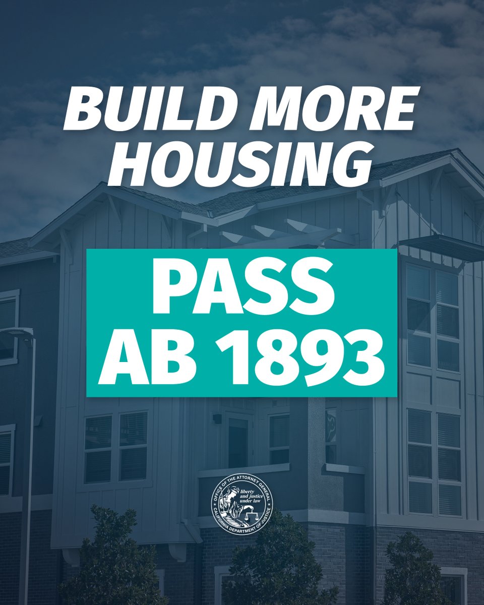 I’m sponsoring Asm @BuffyWicks’ #AB1893, critical legislation to update CA’s builder’s remedy and allow more housing for middle class and low-income families to be built, faster. CA is facing a housing crisis of epic proportions. oag.ca.gov/news/press-rel…