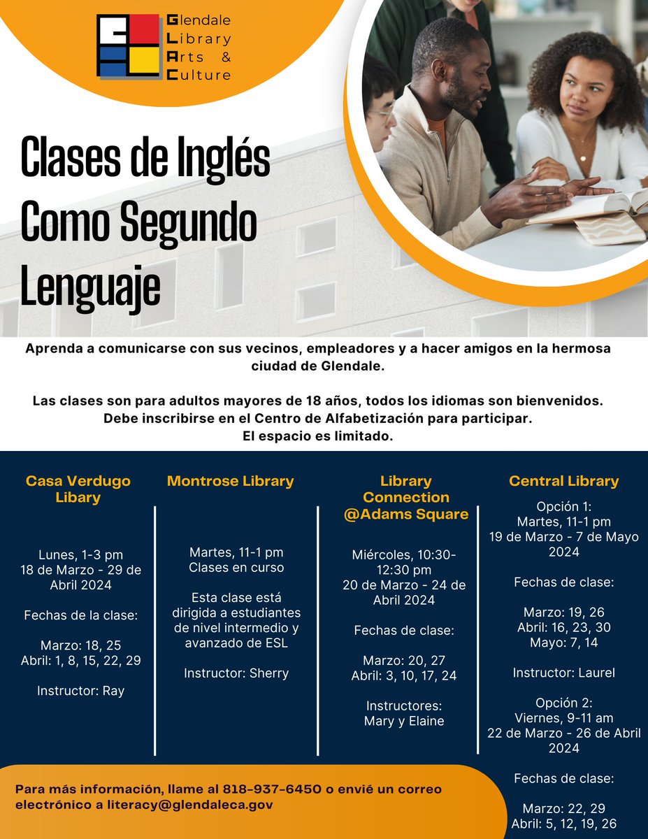 Join one of the ESL classes offered at participating #GLACLibraries. Next class will be on April 3 at #LibraryConnection. glendaleca.libnet.info/event/10341325
