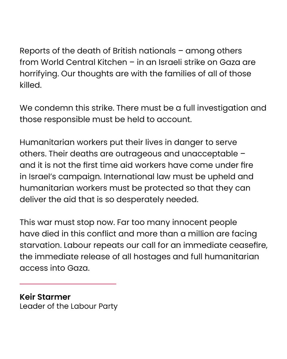 The deaths of aid workers in an Israeli air strike is horrific. Humanitarian workers put their lives on the line to help people and they must be protected and international law must be upheld. There needs to be an immediate investigation and this war must end.