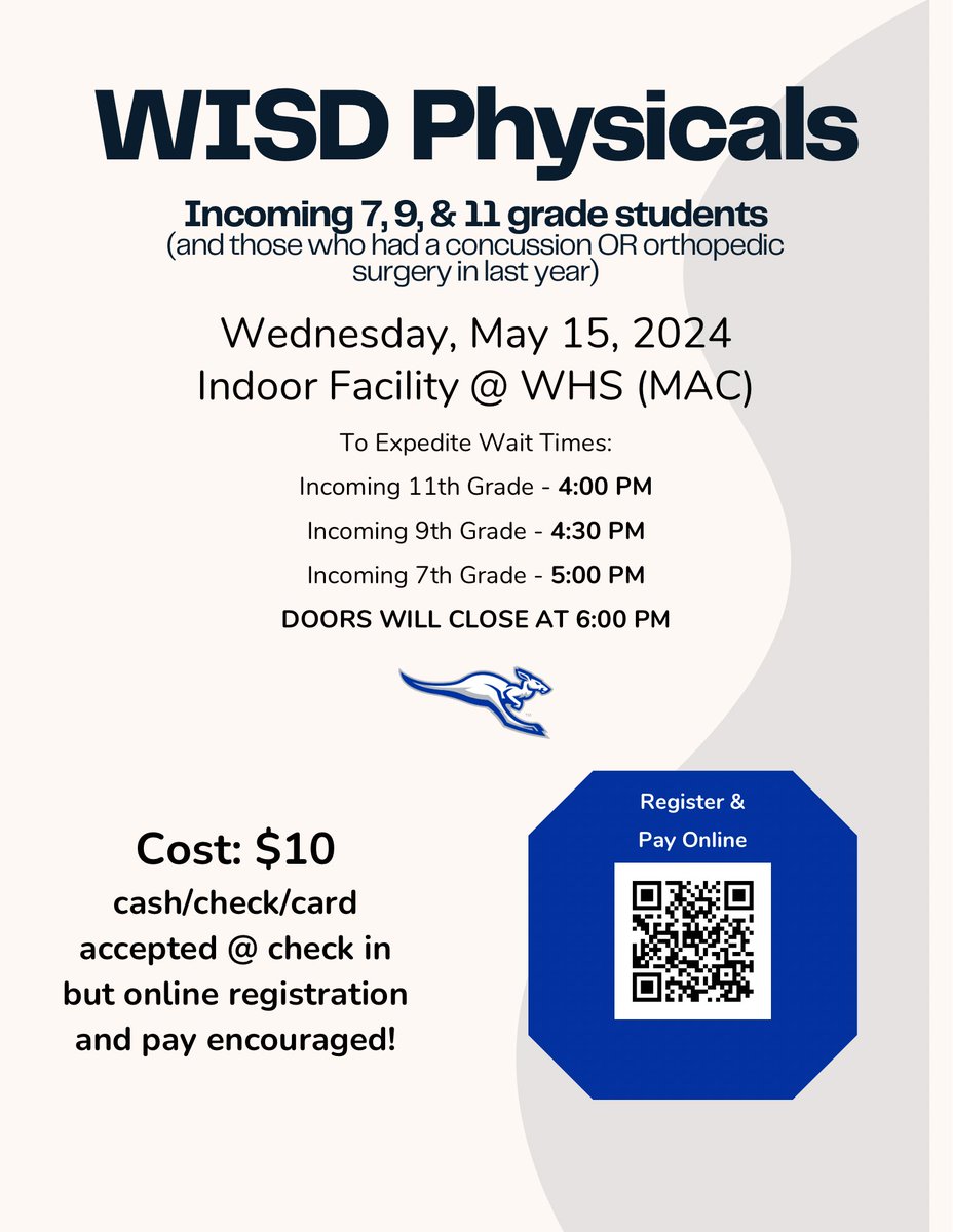 Save the Date 🗓️ 
May 15th we will be offering physicals for WISD students!