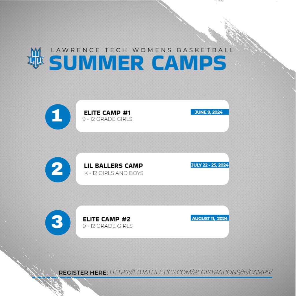 LTU Women's Basketball (@ltuwbasketball) on Twitter photo Summer camps & golf outing fundraisers are live & ready for YOU to sign up!!
Elite Camp 1: June 9
Lil Ballers Camp: July 22-25
Golf Outing: July 27
Elite Camp 2: August 11
Any questions, contact Coach Grace at ghowrigon@ltu.edu.
See you this summer!!
#weaboveme Summer camps & golf outing fundraisers are live & ready for YOU to sign up!!
Elite Camp 1: June 9
Lil Ballers Camp: July 22-25
Golf Outing: July 27
Elite Camp 2: August 11
Any questions, contact Coach Grace at ghowrigon@ltu.edu.
See you this summer!!
#weaboveme